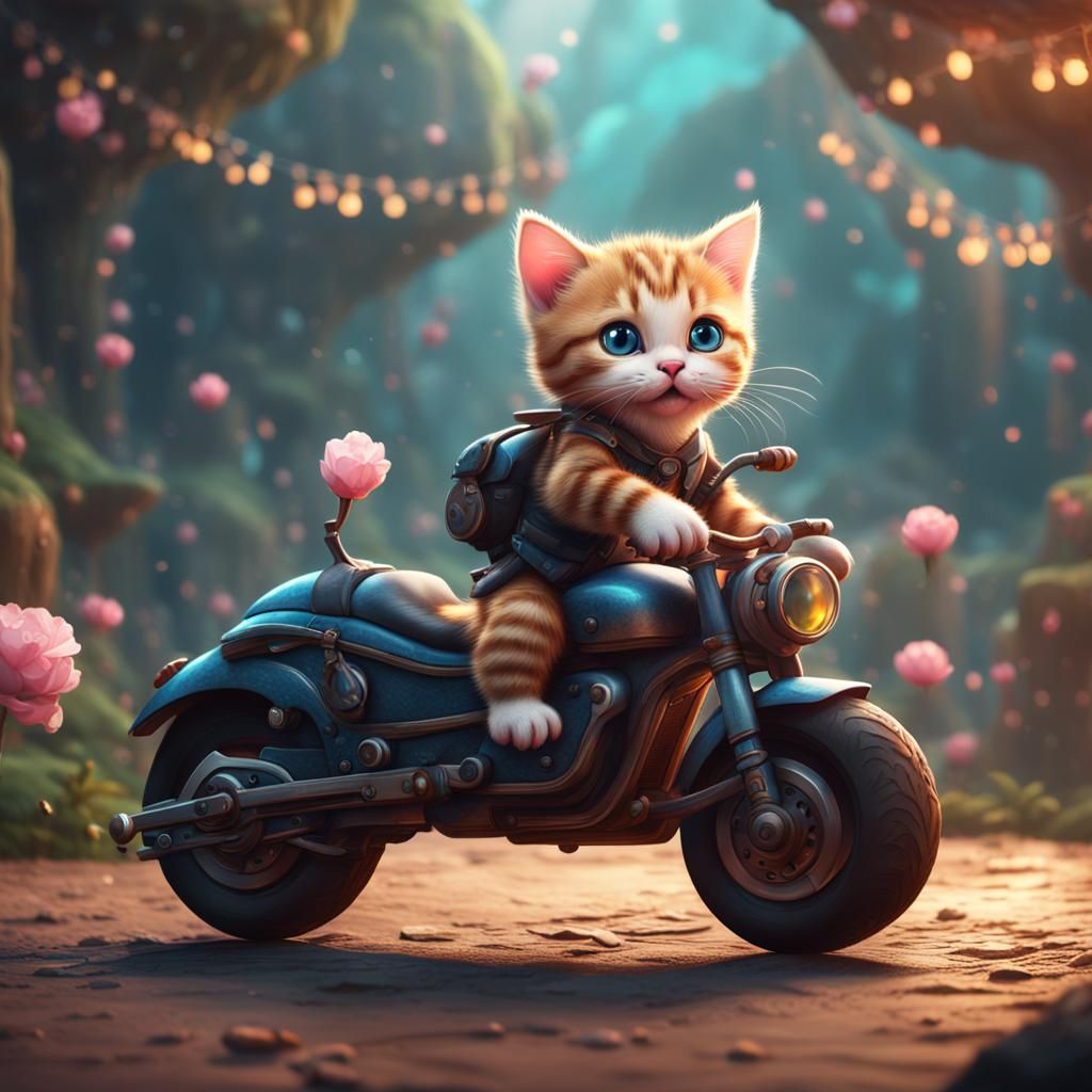 Kitten Rides Piggy in Detailed Fantasy Art