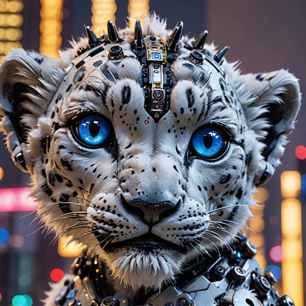 Cybernetic Snow Leopard Cub in Neon Cityscape
