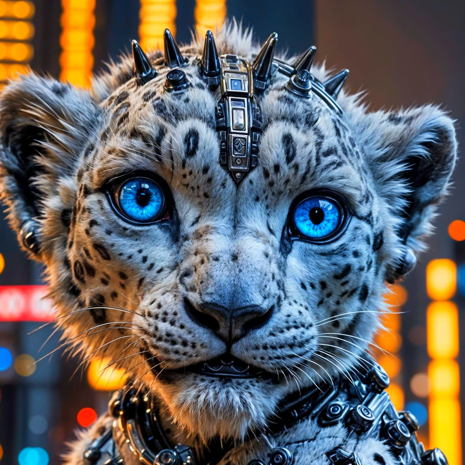 Snow Leopard Cyborg with Glowing Eyes in Cityscape