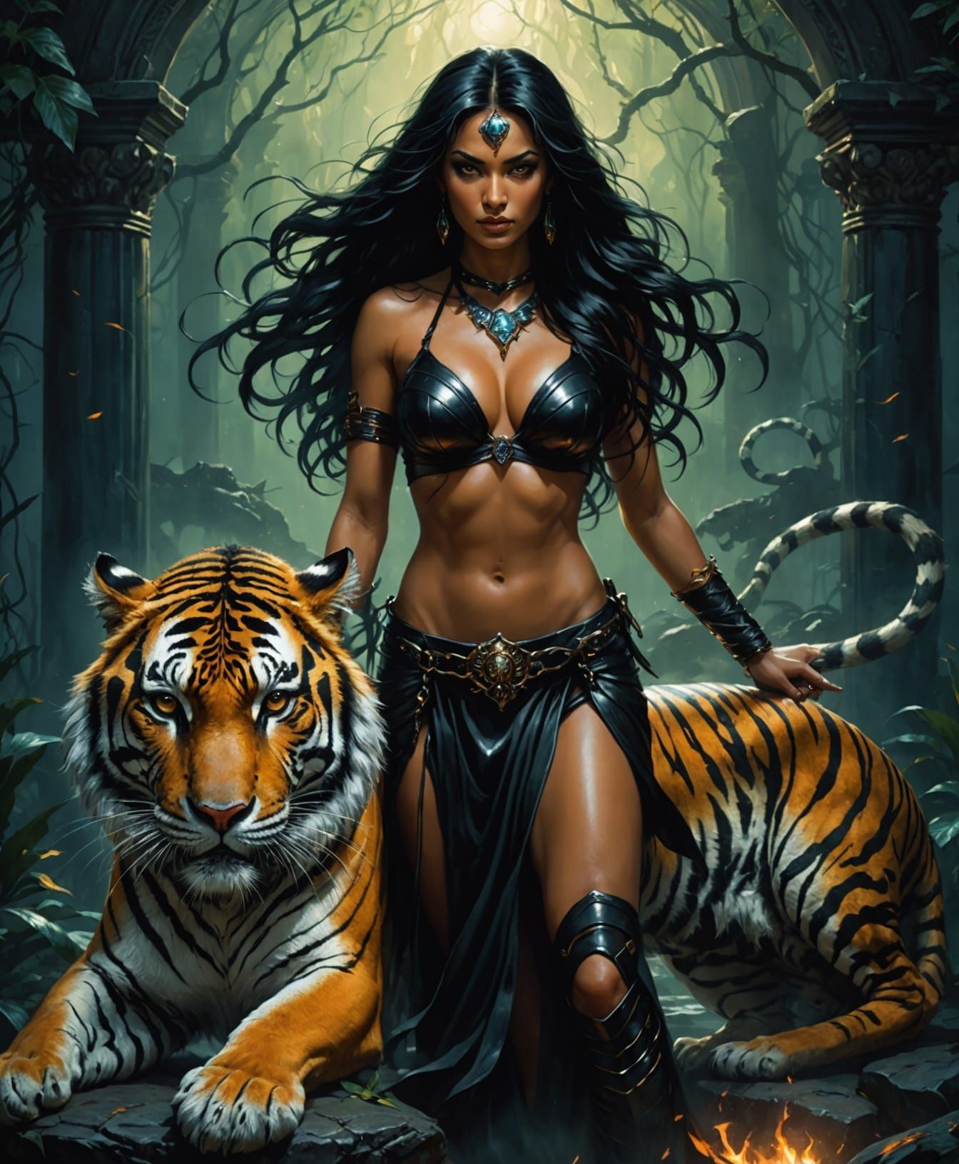 Goddess with Tiger in Dark Fantasy Art