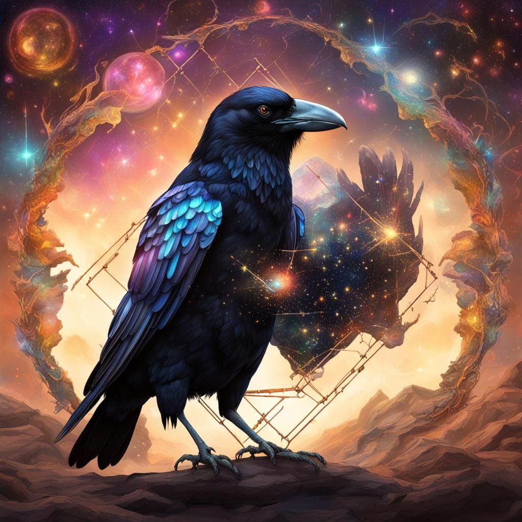 Self-Aware Crow: Holographic Astral Illustration