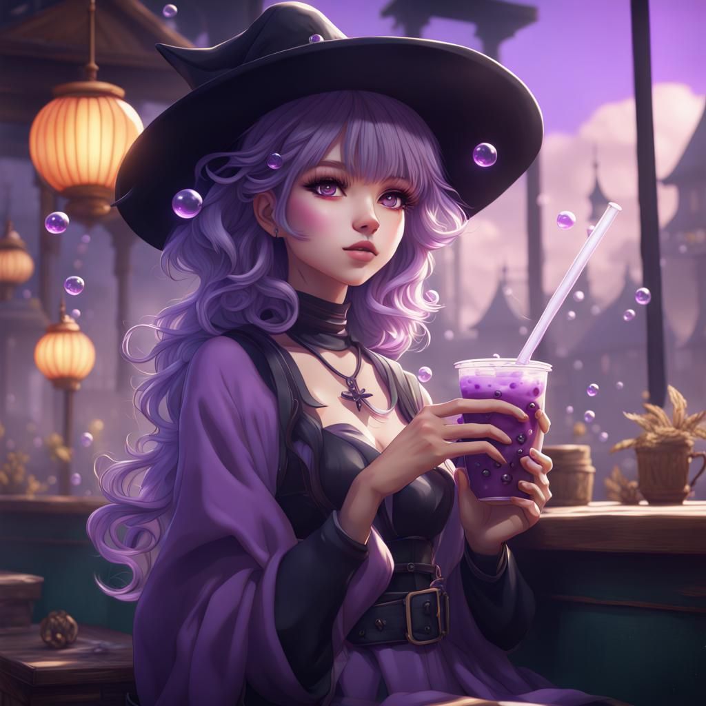 Anime Witch with Bubble Tea: Detailed Matte Painting
