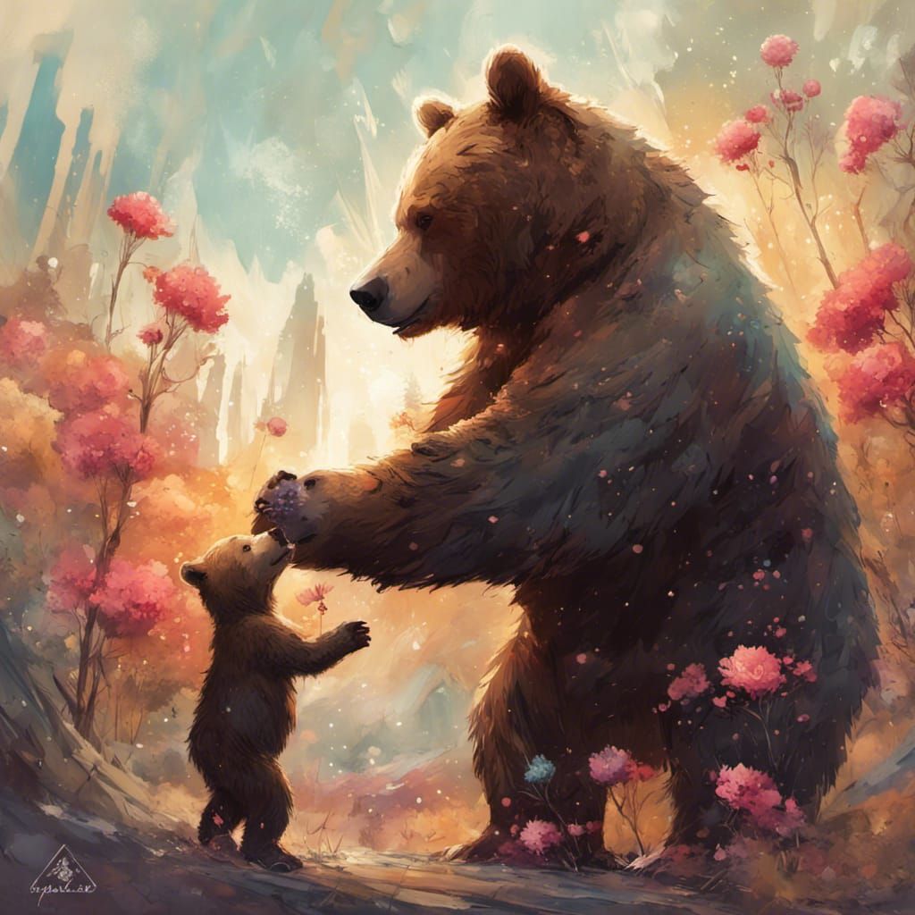Baby Bear Cub Giving Flower to Grizzly Bear