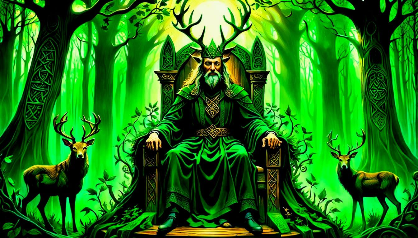 Dagda on Ornate Throne in Mystical Forest