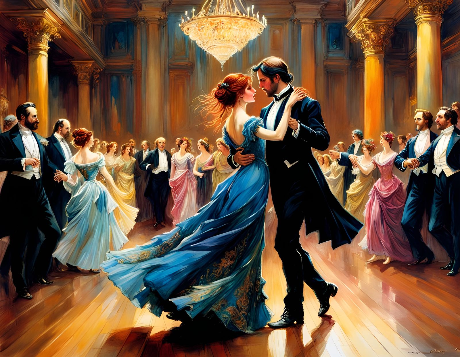 Couple Dancing at Royal Ball in Watercolor Style