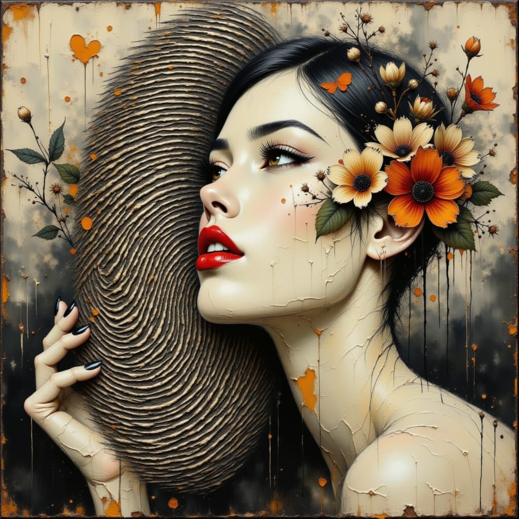 Elegant Woman Emerging from Fingerprint: Oil Painting