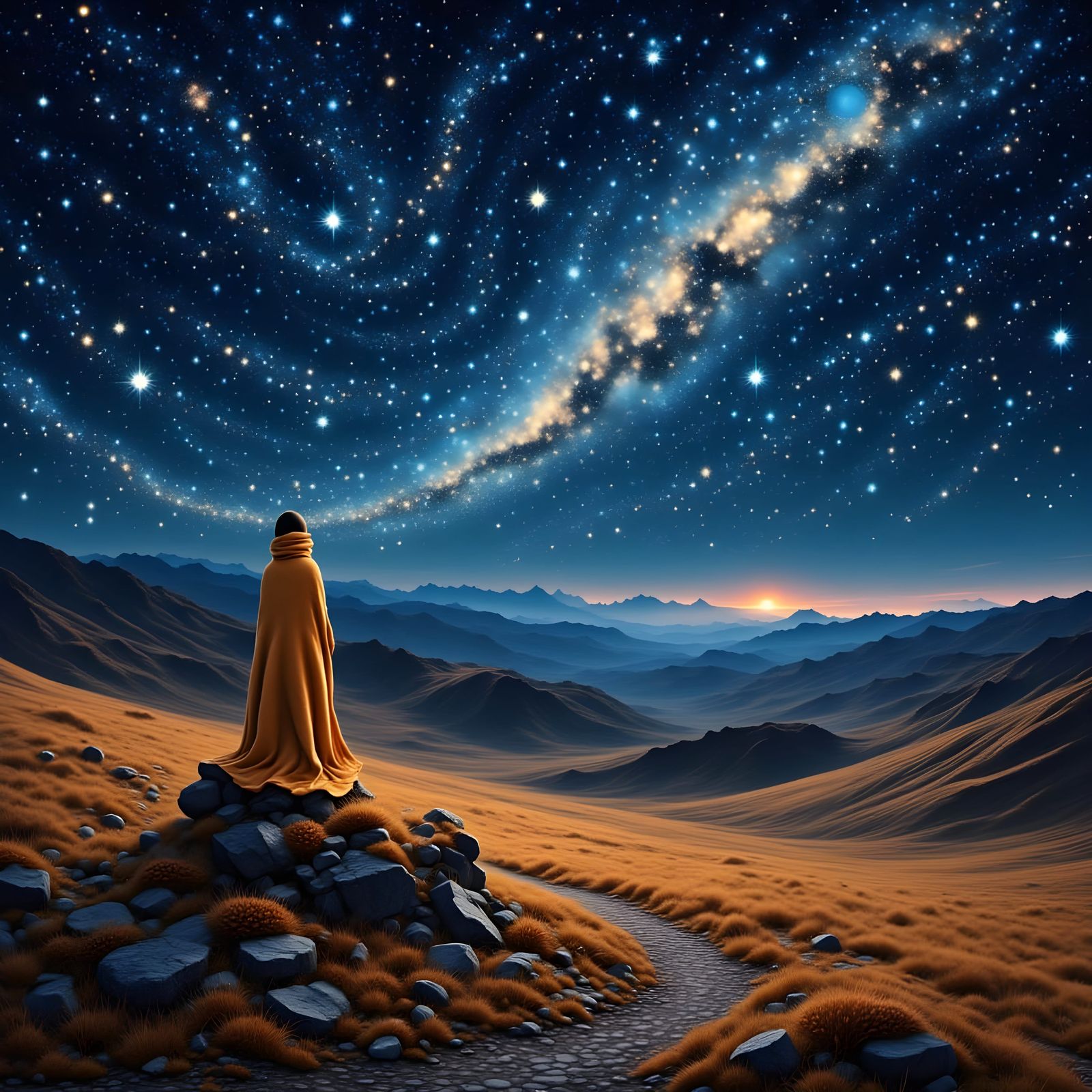 Cosmic Plains Under Starry Skies in a Cyberpunk Aesthetic