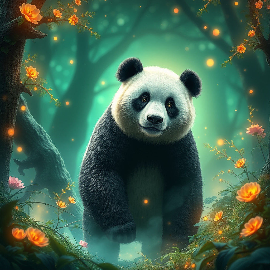 Giant Panda in Mystical Forest, Digital Art