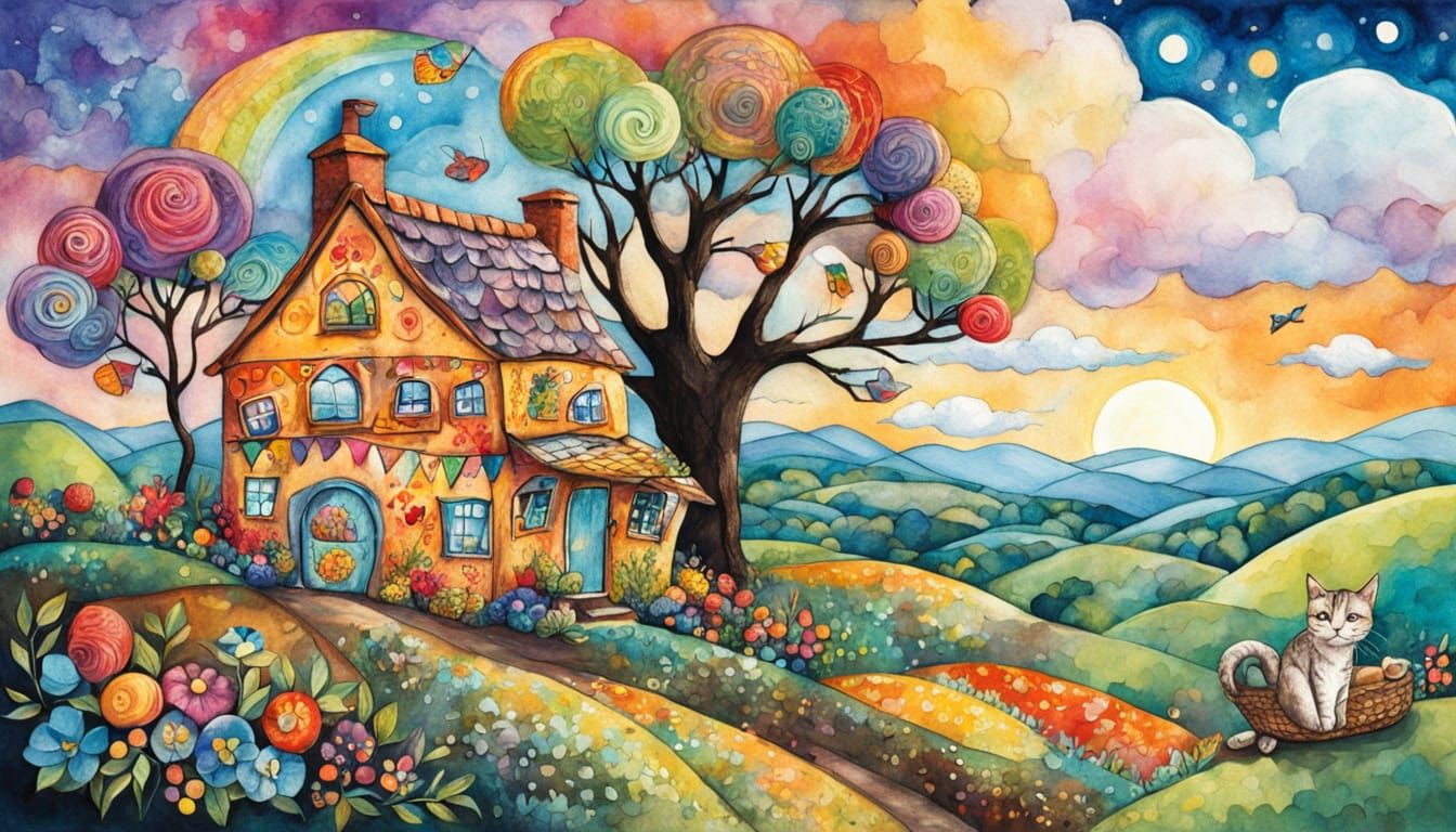 Whimsical Farmstand with Cat in Patchwork Ink Style