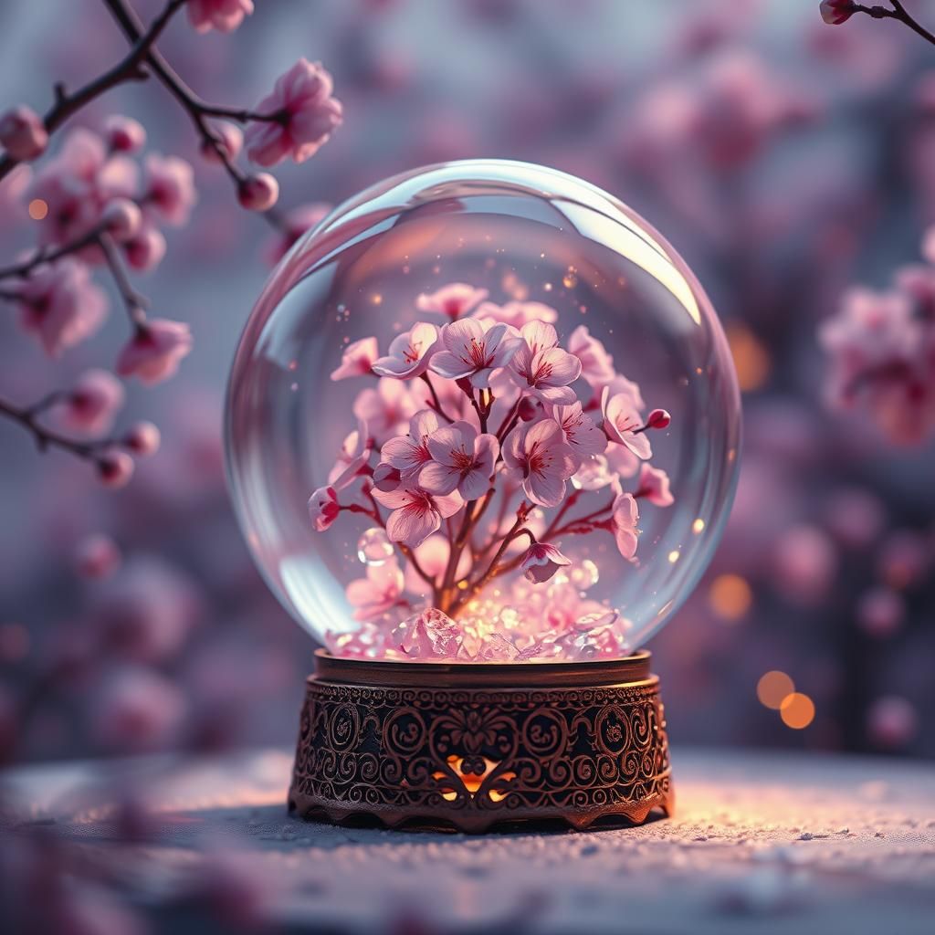Sakura Blossoms in Ornate Glass Snow Globe