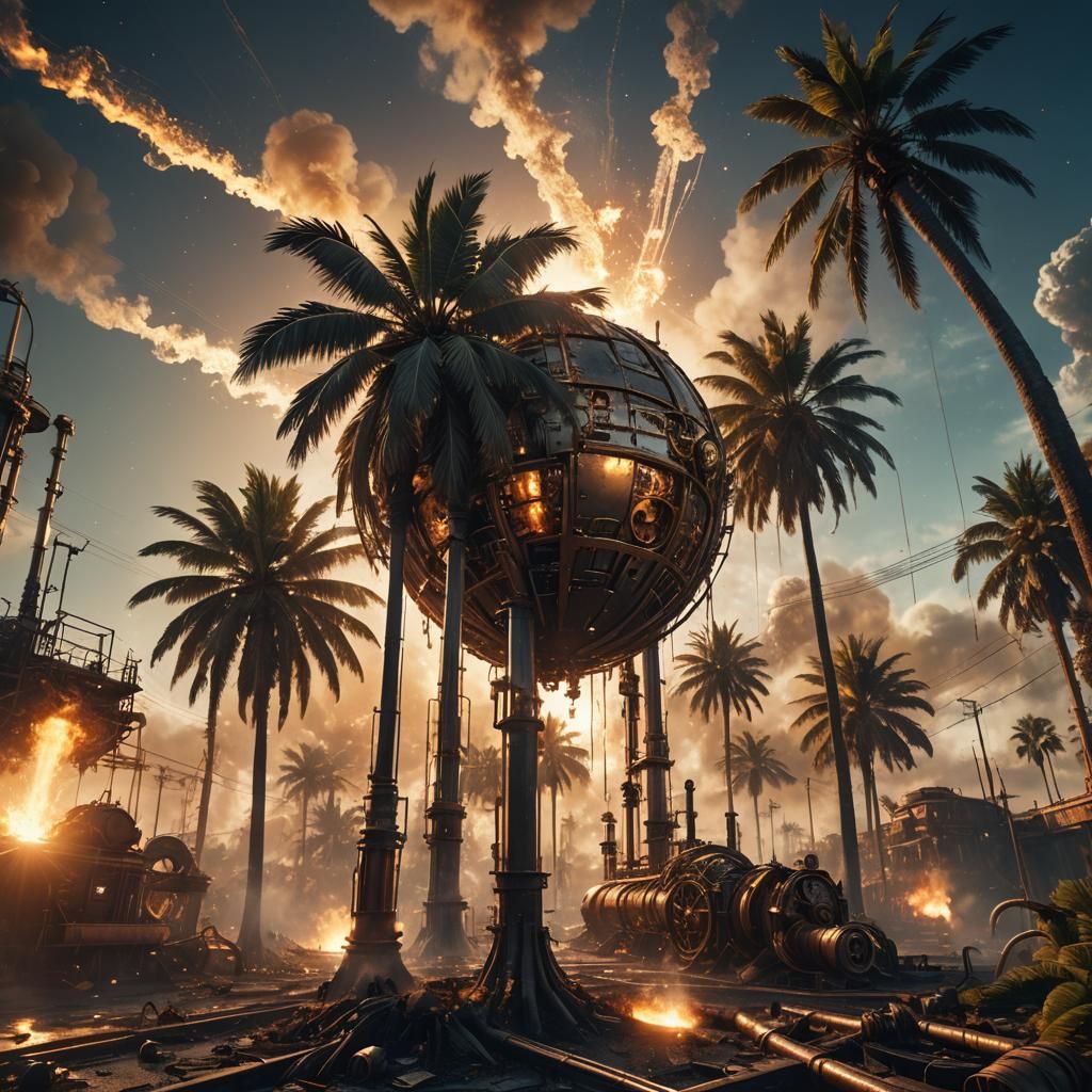 Steampunk Palm Trees in Space with Earth