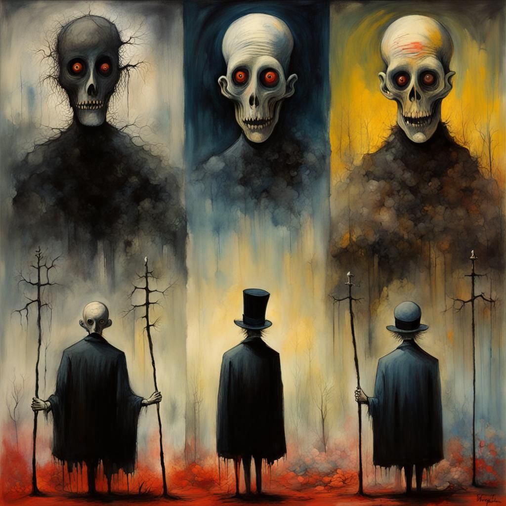 Macabre Gouache Watercolor Masterpiece in Maximalist Style