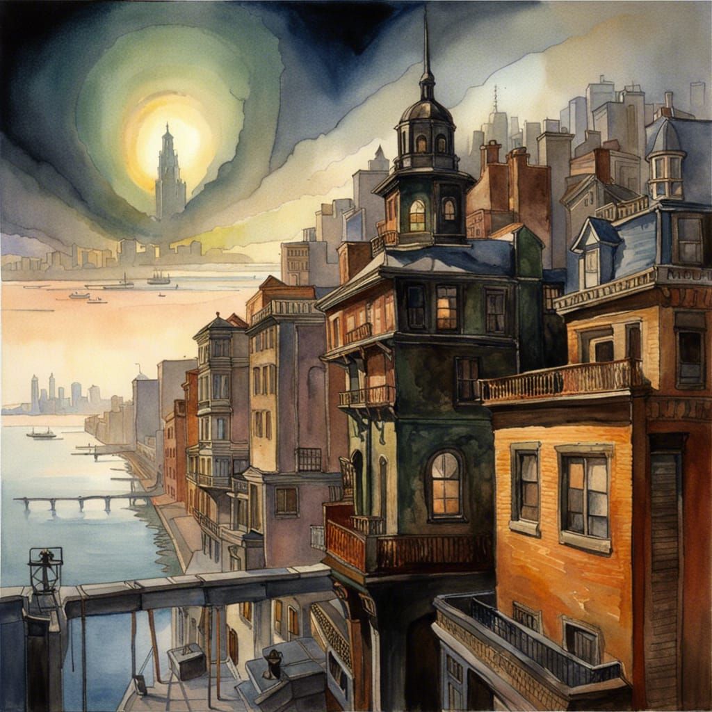 Dark Academia Cityscape Watercolor Painting