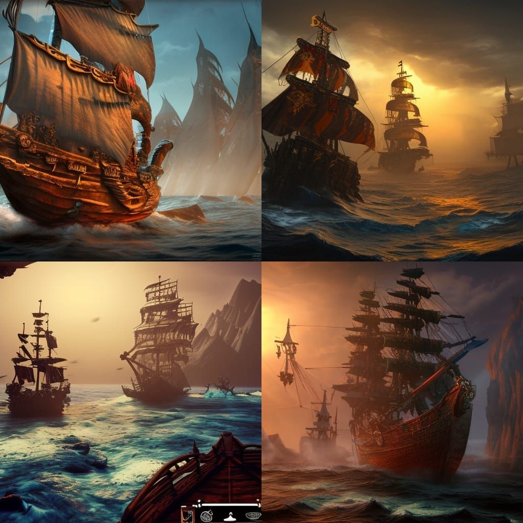 Skeleton Sharks Pulling Pirate Ship, Detailed Matte Painting