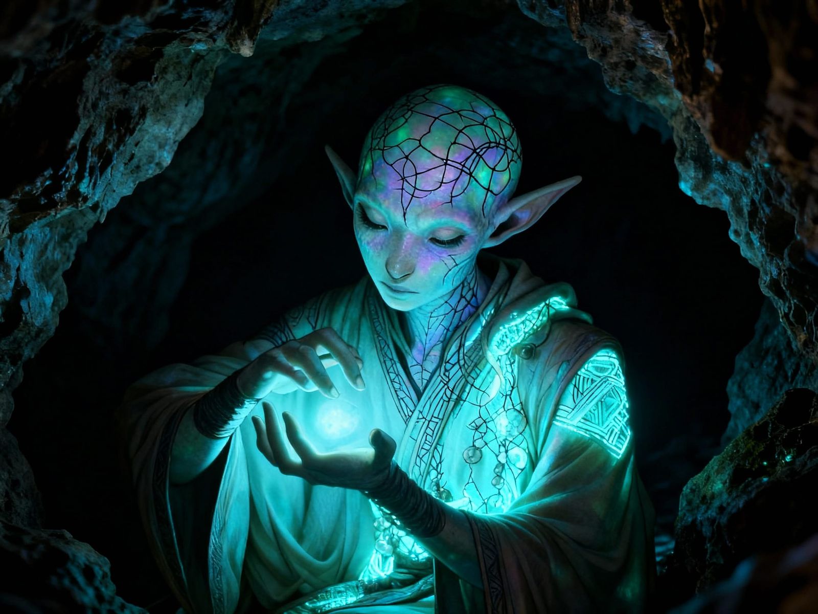 svirfneblin with opalescent skin with wire patterns traced l...