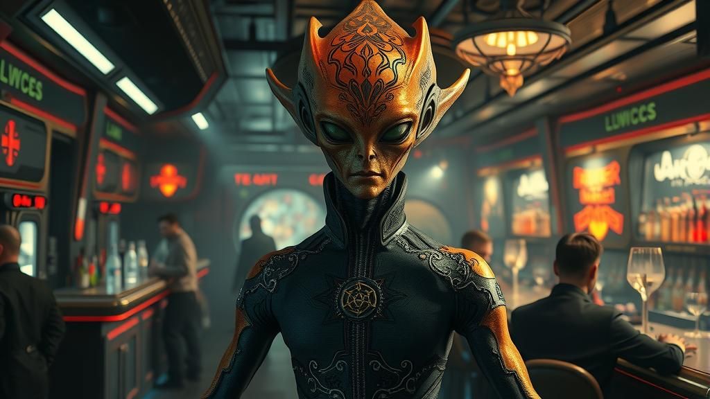 Golden Alien in Space Station Bar, Surreal Portrait