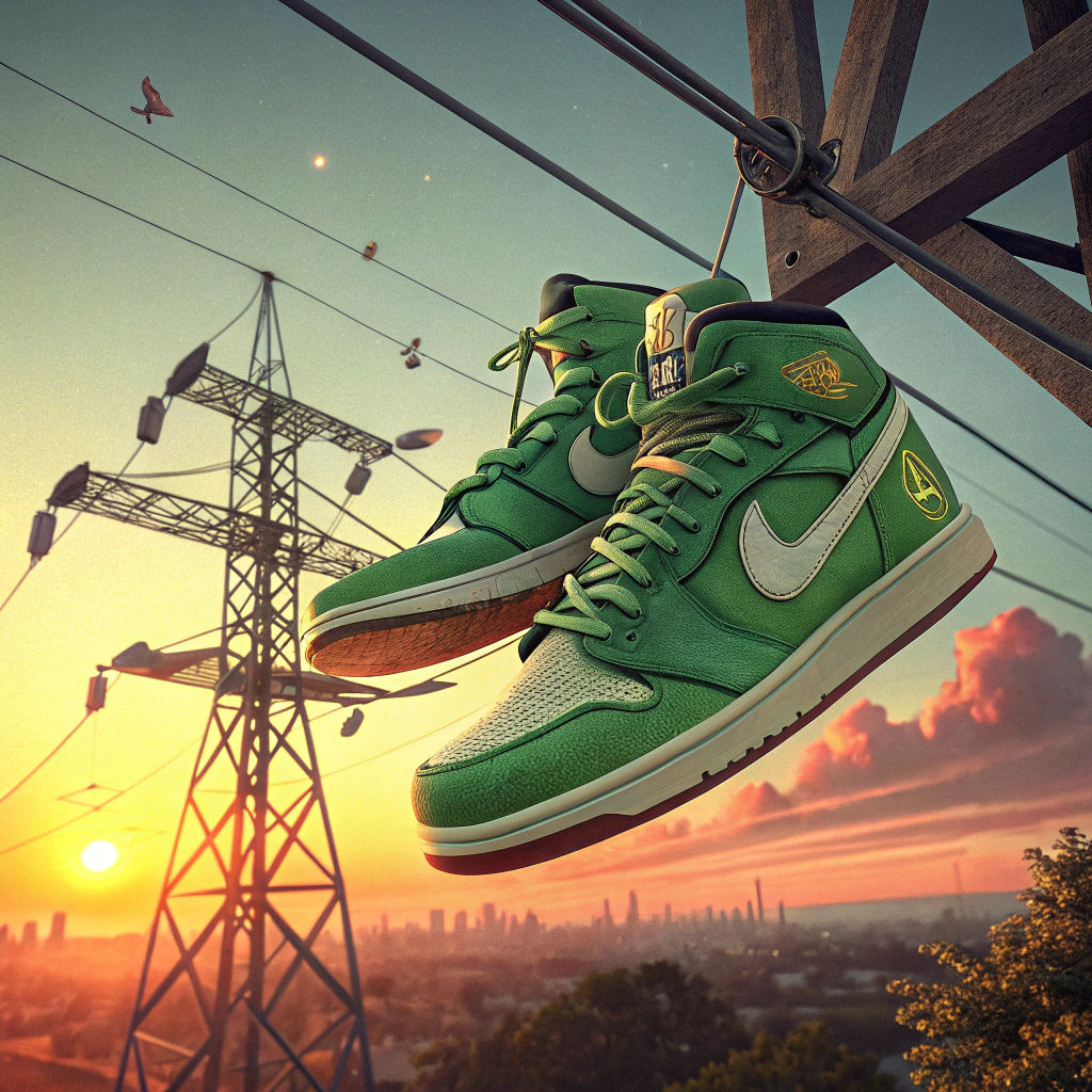 Green Jordans Hanging from Power Line: Digital Art