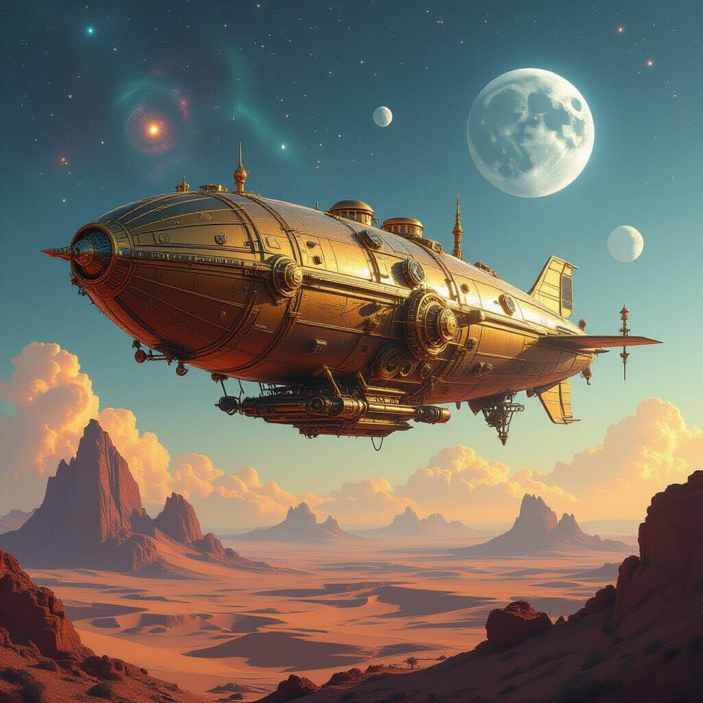 Steampunk Airship in Cosmic Desert Sky