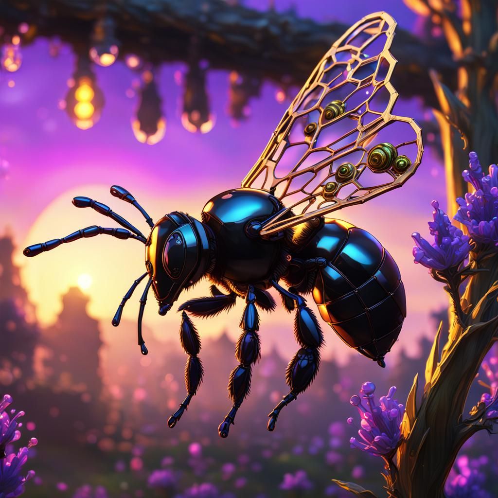 Steampunk Bee on Cyberpunk Lavender, Chibi Style