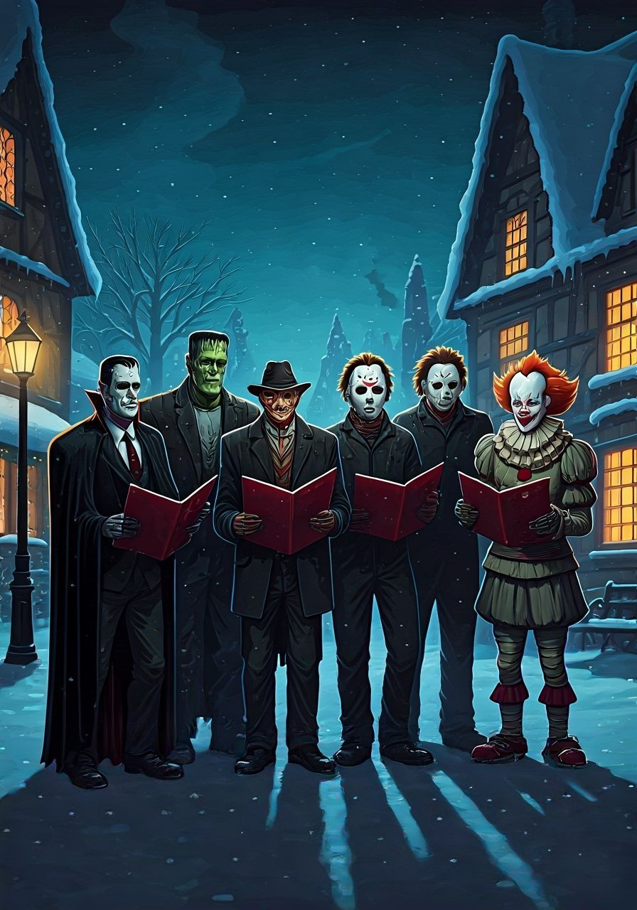 Horror Icons Caroling in Snowy Village Square