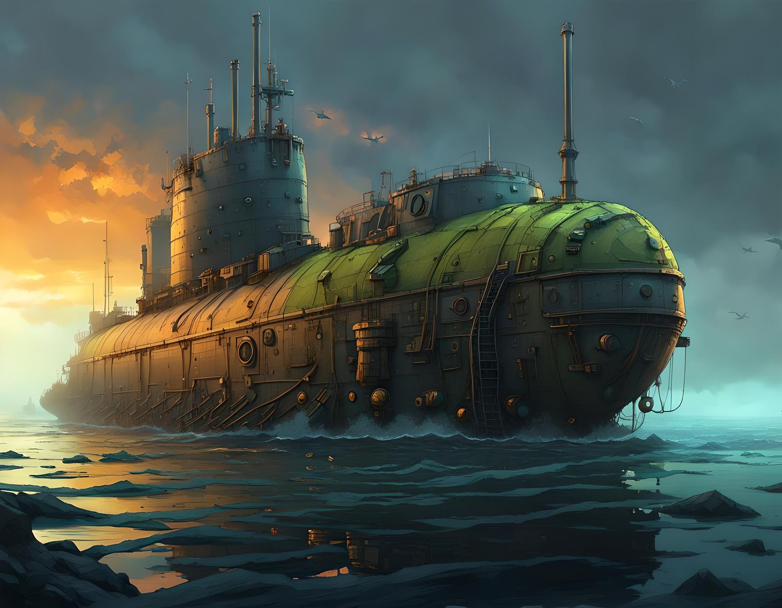 Eldritch Submarine in Detailed Fantasy Art Style