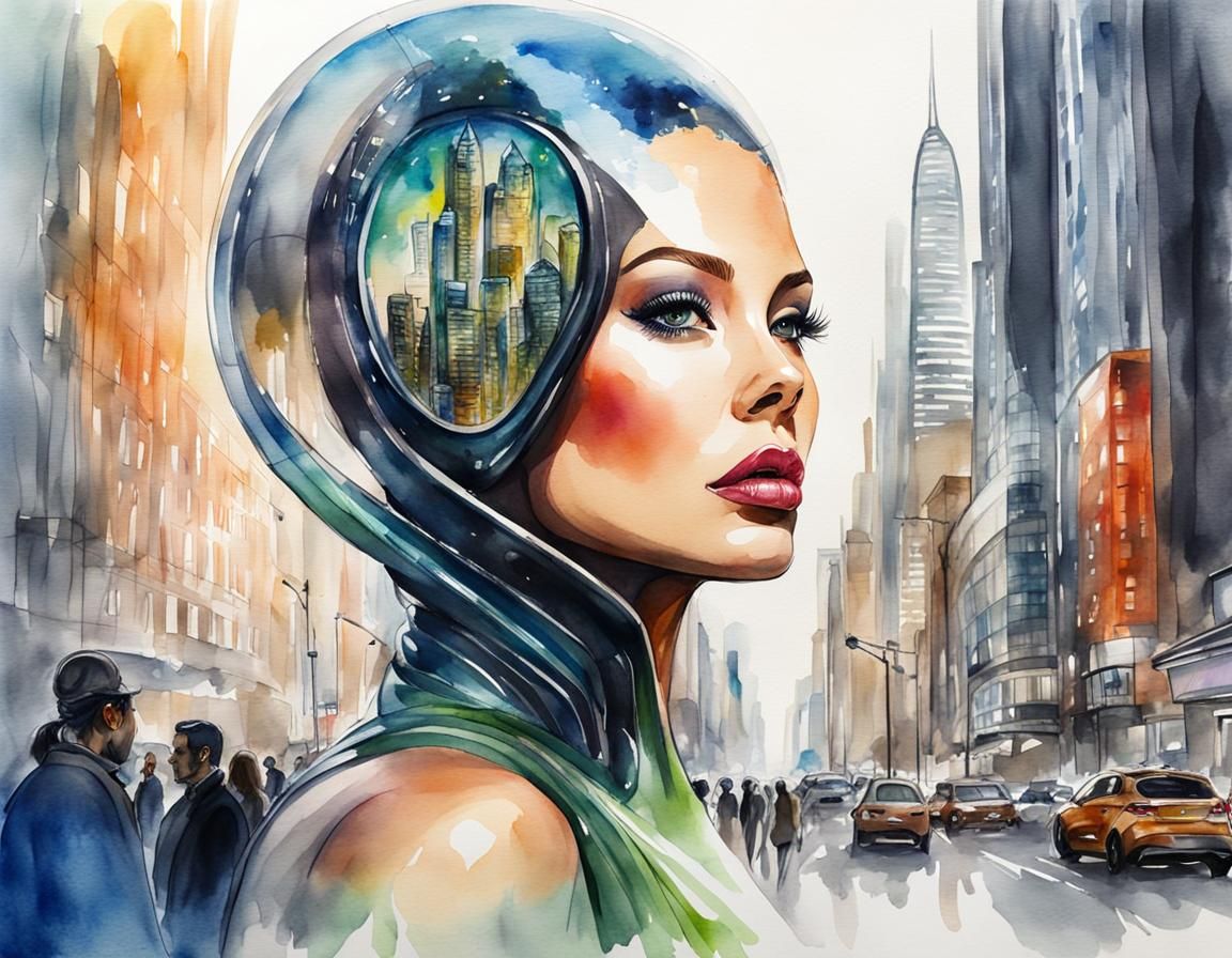 Futuristic Alien Woman in City, Watercolor Sketch