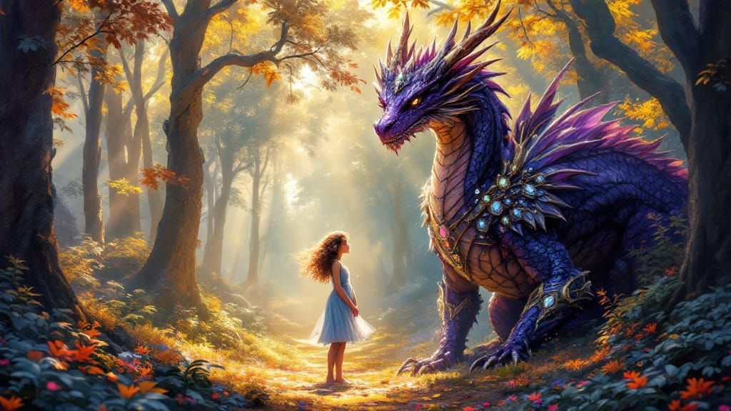 Majestic Purple Dragon and Girl in Sun-Dappled Forest