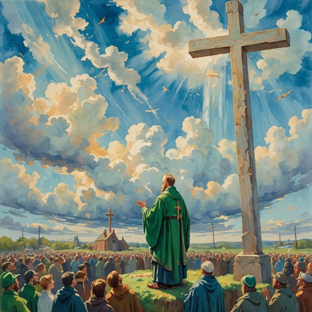Saint Patrick Praying Before Cross in Impressionist Gouache