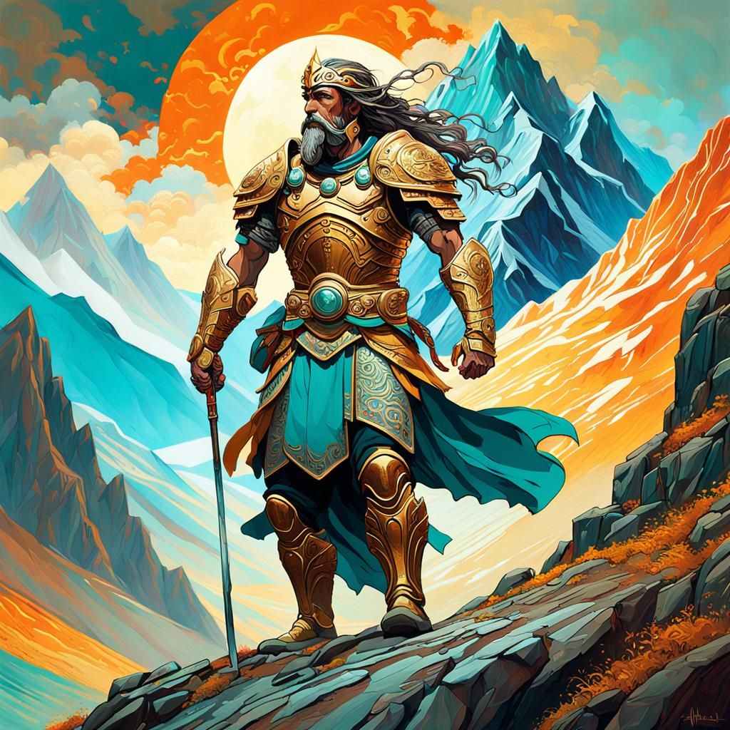 Powerful Warrior on Mystical Mountain Peak