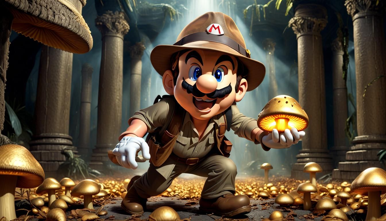 Mario as Indiana Jones Steals Golden Mushroom