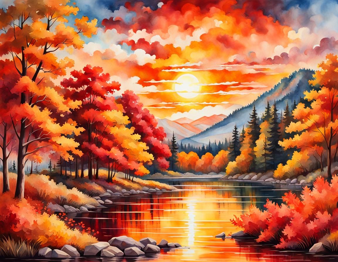 Autumn Lake Beauty in Oil, Watercolor, and Ink