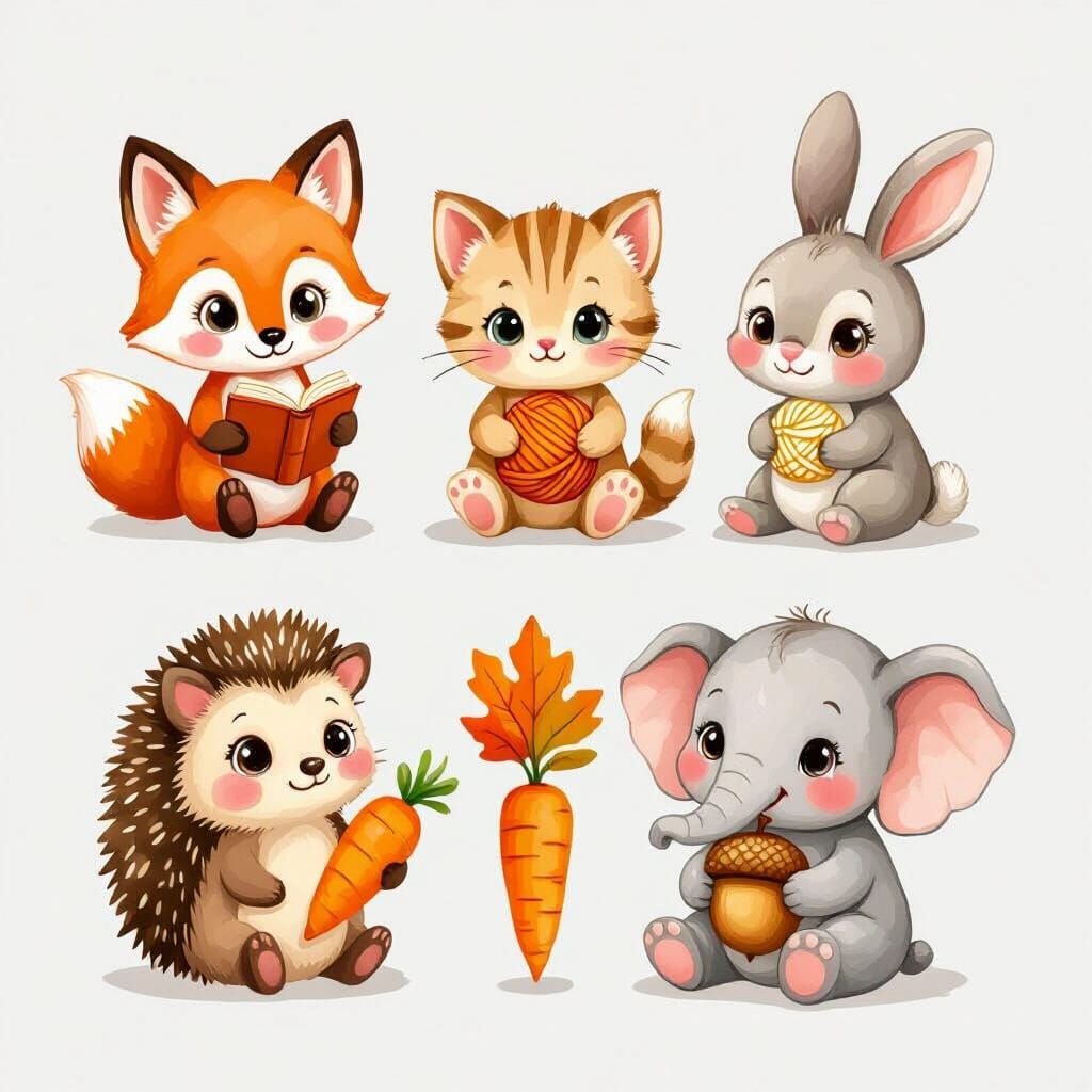 Cute Baby Animals in Autumn Gouache Style Sticker Pack