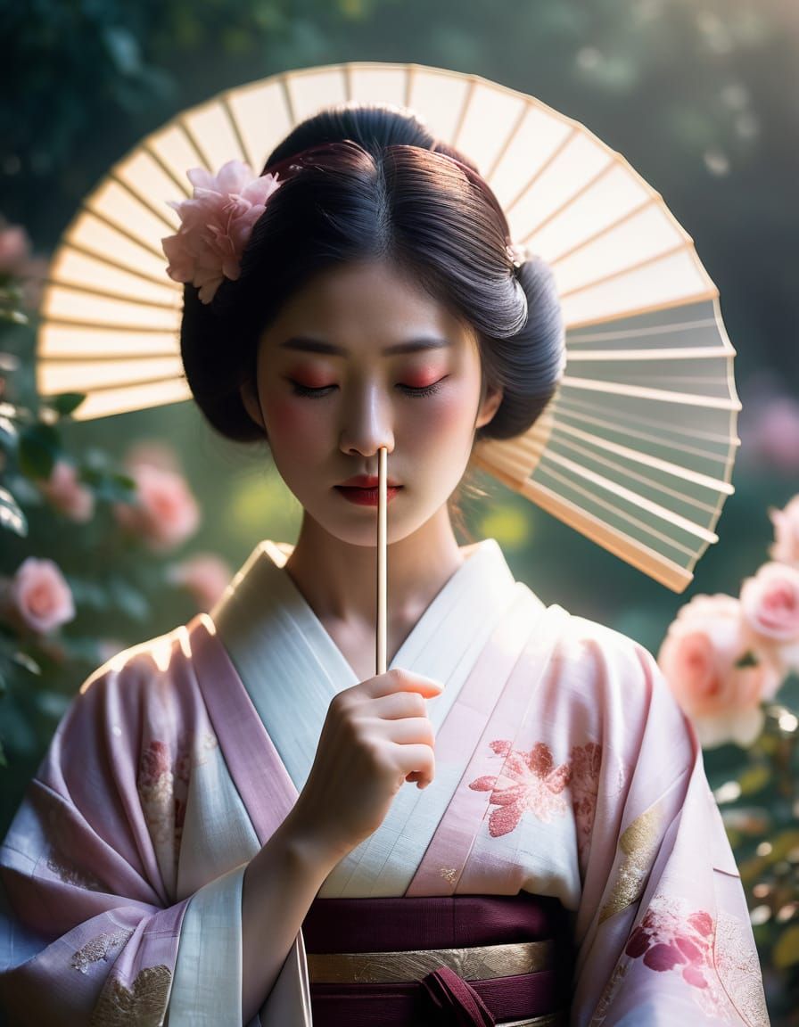 Geisha in Blooming Rose Garden with Butterflies