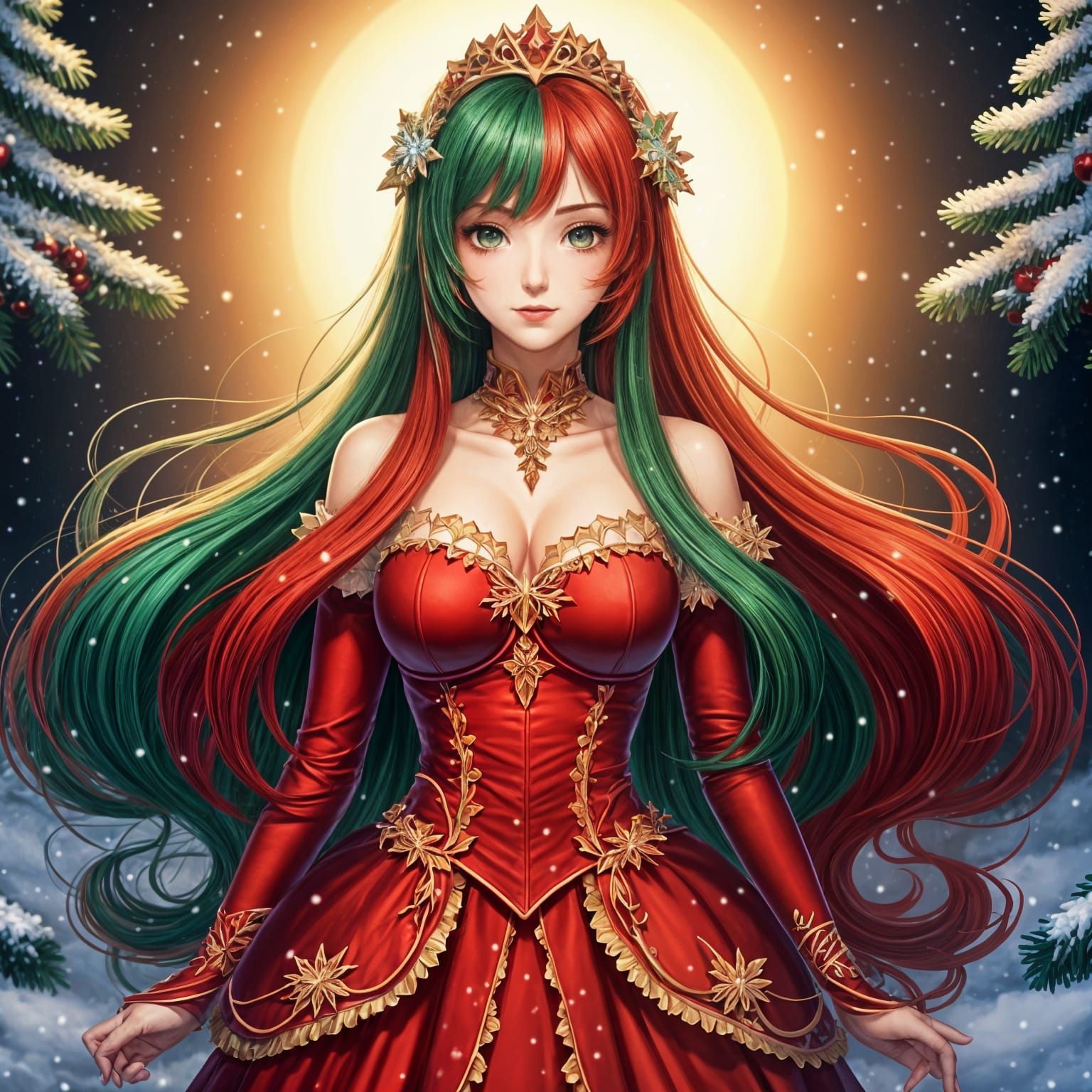Christmas Anime Princess with Vibrant Red and Green Hair