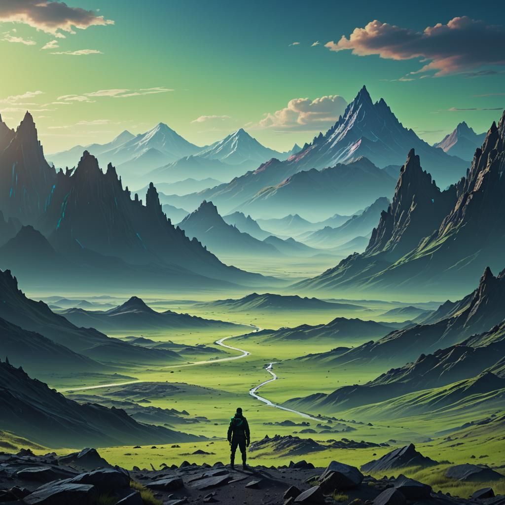 Desolate Landscape with Neon Hues in Fantasy Art Style