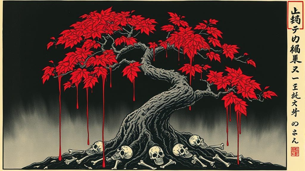 Eerie Japanese Horror Bonsai Tree in Blood Red Ink Woodblock...