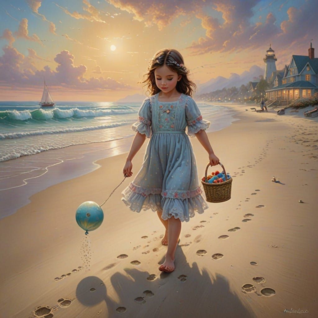 Ethereal Fantasy Girl Walks Beach Sand