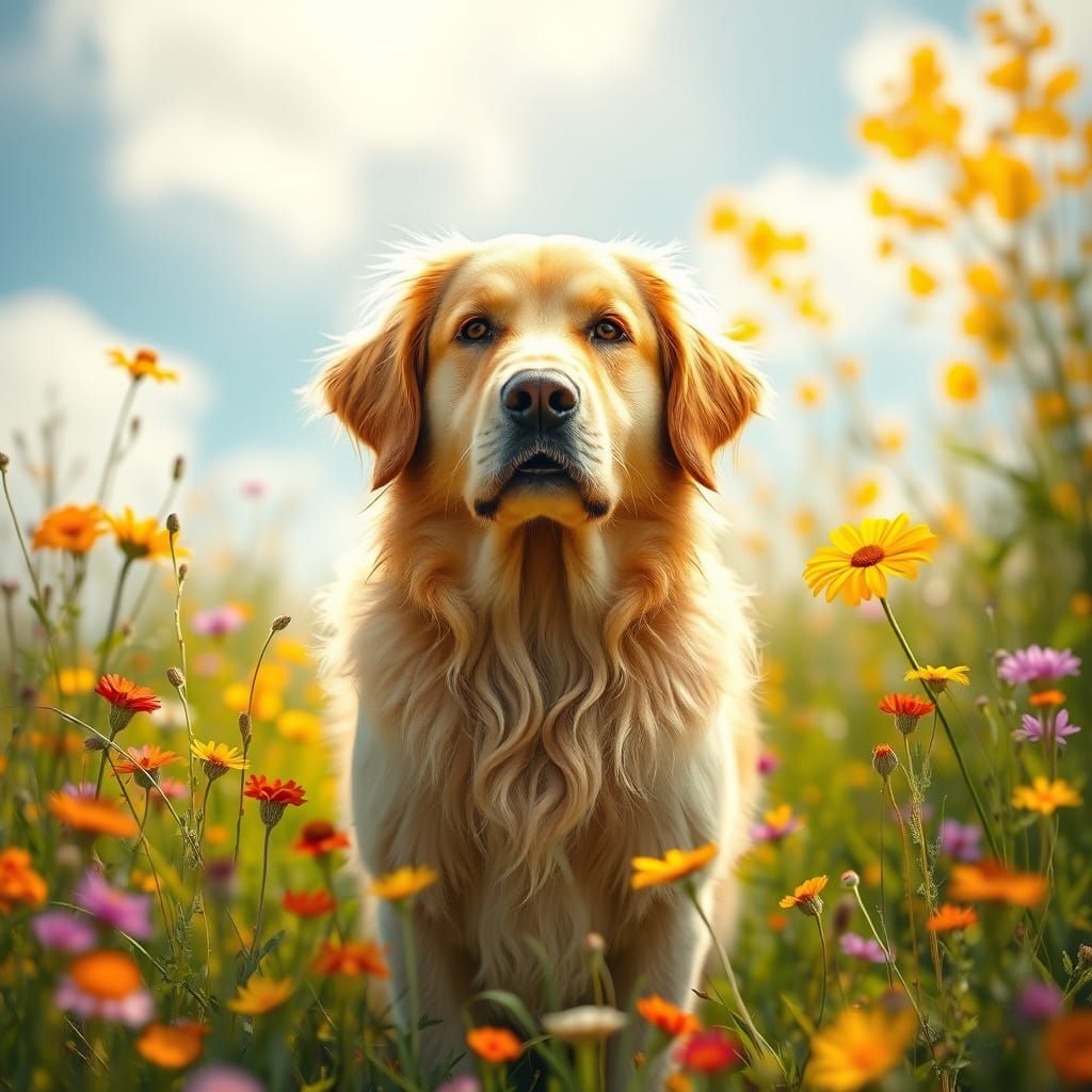 Golden Retriever in a Whimsical Sunlit Meadow