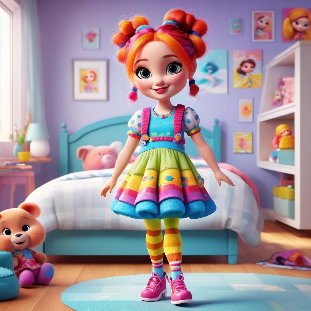 Disney Pixar 3D animation style art of a beautiful little girl wearing cute colorful dress, pigtails, leg warmers, in th...