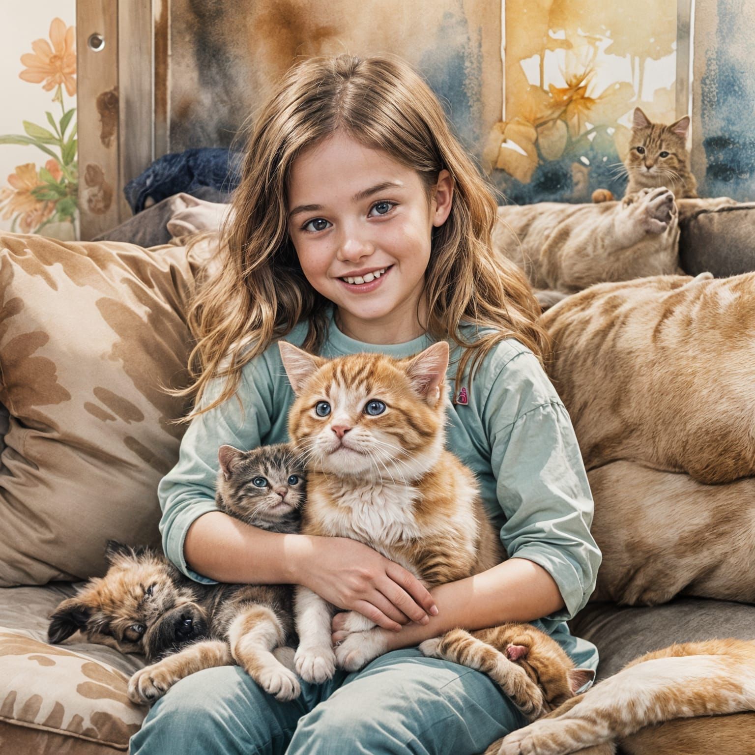 Girl with Puppy and Kitten Cuddling