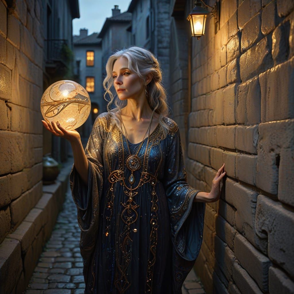 Art Nouveau Sorceress in Cobblestone Alley