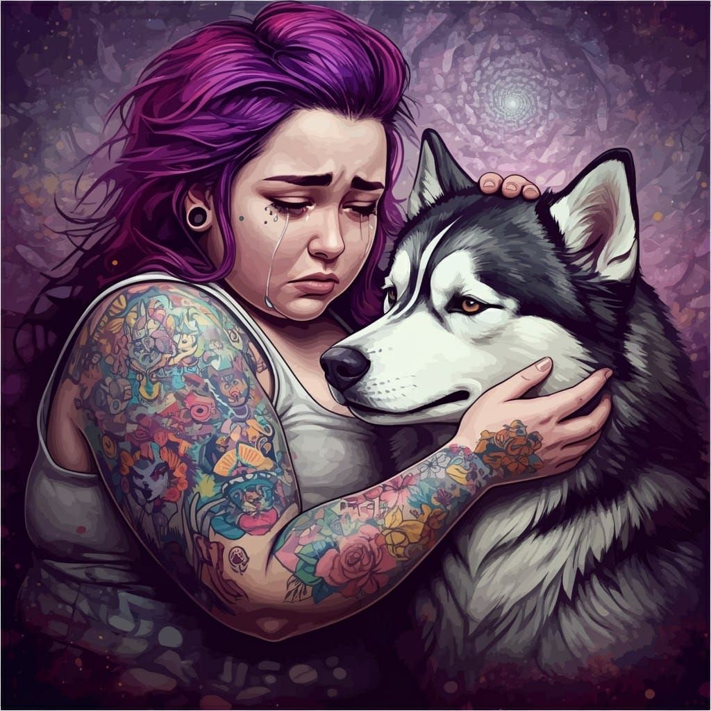 Woman and Husky in Abstract Digital Art Style