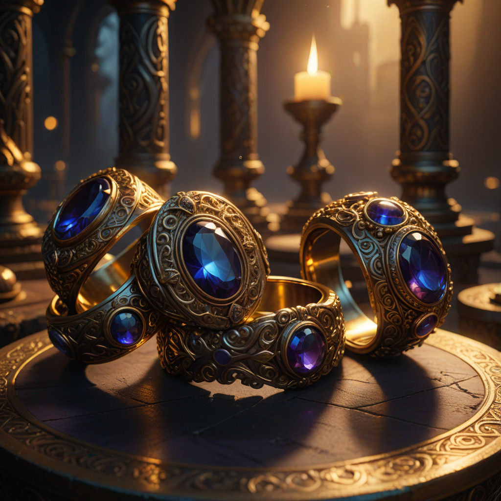 Golden Rings Adorn Ornate Pedestals in a Mystical Chamber
