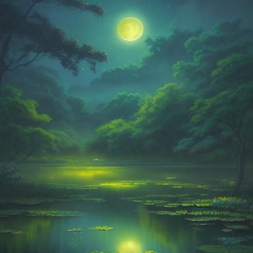 Mystical Forest Lake Under Moonlight: Anime Watercolor