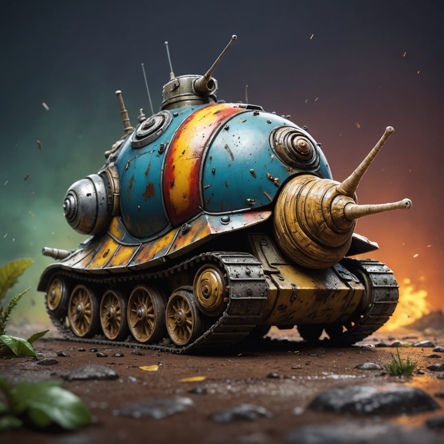 A german tank inspired snail with an angry face