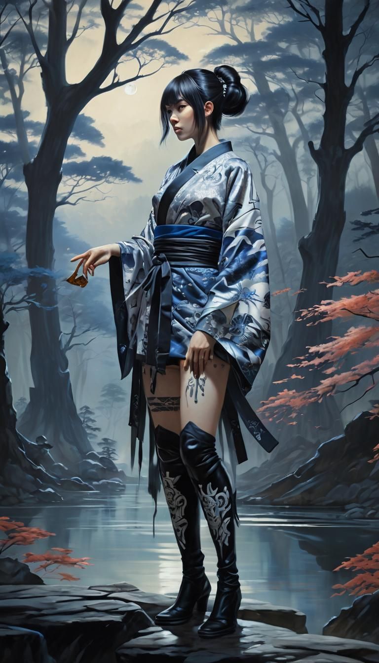 Ninja Woman in Kimono: Oil Painting in Hokusai Style