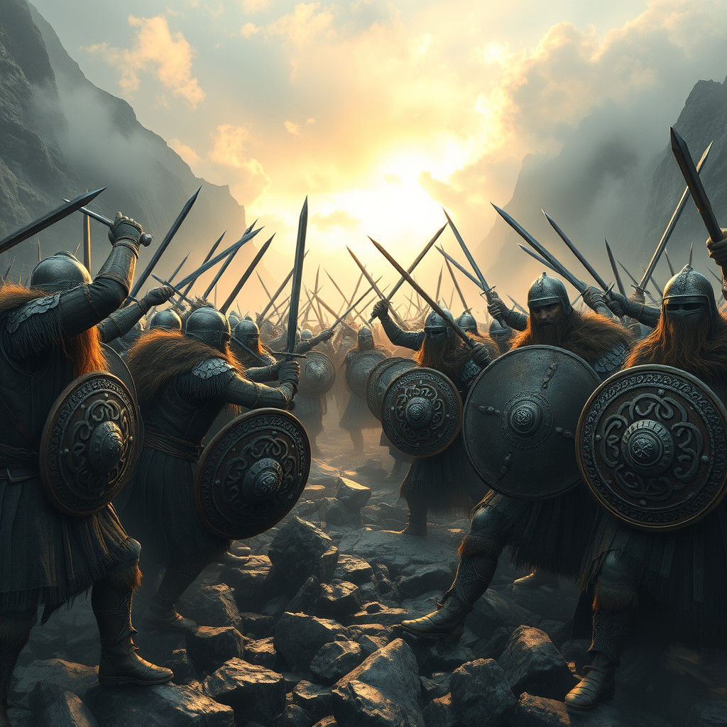 Viking Warriors Clash on Misty Fjord at Dawn