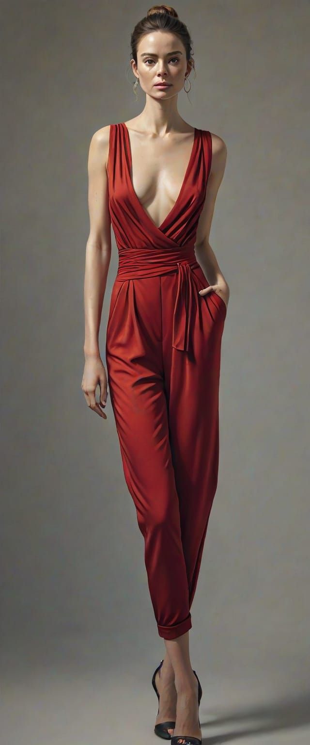Hyper Realistic Red Jumpsuit Portrait in Soft Focus
