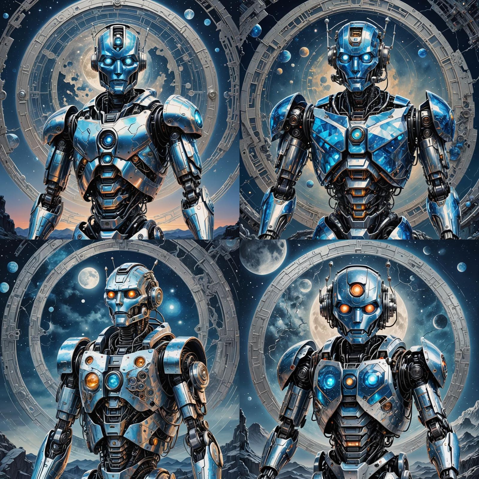 Blue Silver Robot Before a Blood Moon