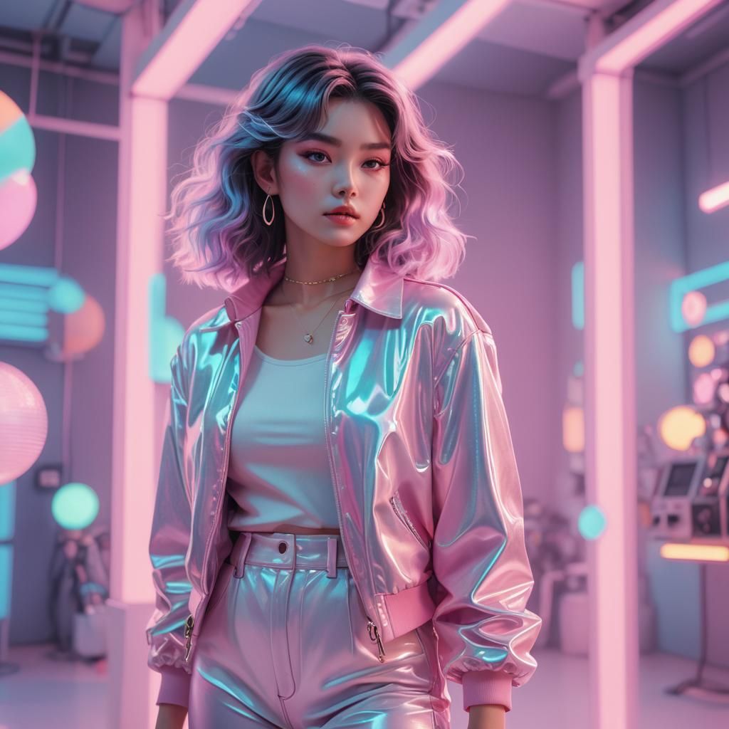 Beautiful Woman in 80's Neon Pastel Portrait
